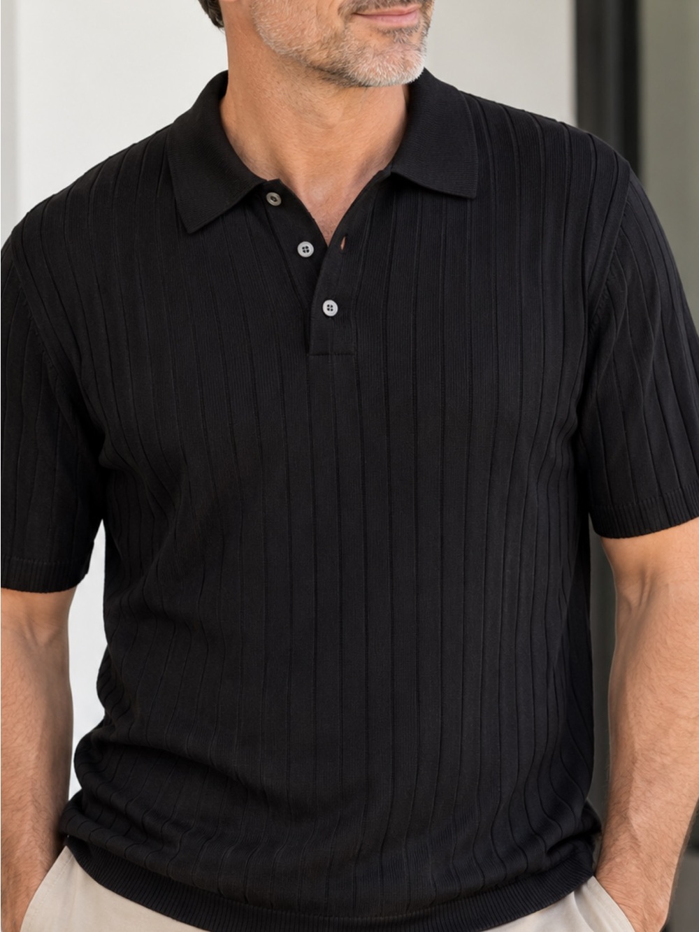 Men's Black Ribbed Short-Sleeve Polo Shirt